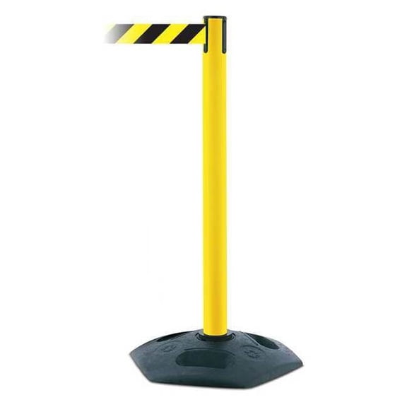 Barrier Post with Belt, Black/Yellow, 7 1/2 ft Length, 38 in Post Height, No Legend