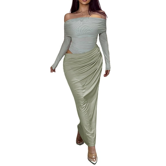 Vestido NRTHYE de malla con hombros descubiertos y manga larga, maxi fruncido para mujer