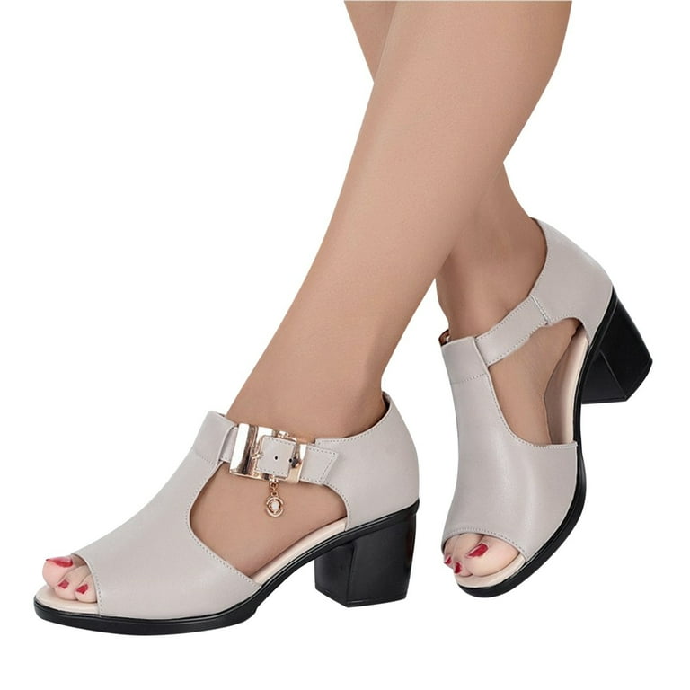 YLJFXJSJ Women's High Heels Rhinestone Peep Toe Buckle Block Heel