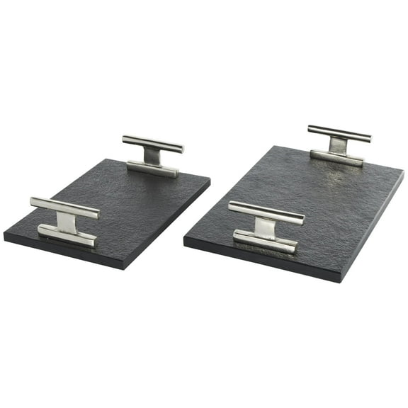 DecMode 15", 12"W Black Marble Textured Tray with Silver Handles, 2-Pieces