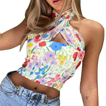 

Dtydtpe Womens Halter Strap Cross Floral Print Halter Fashion Camisole Alluring High Neck Top Layering Top Sleep Shorts Women Half Top Silk Camisole Women Women Tops Workout Back Showing Tops Bra