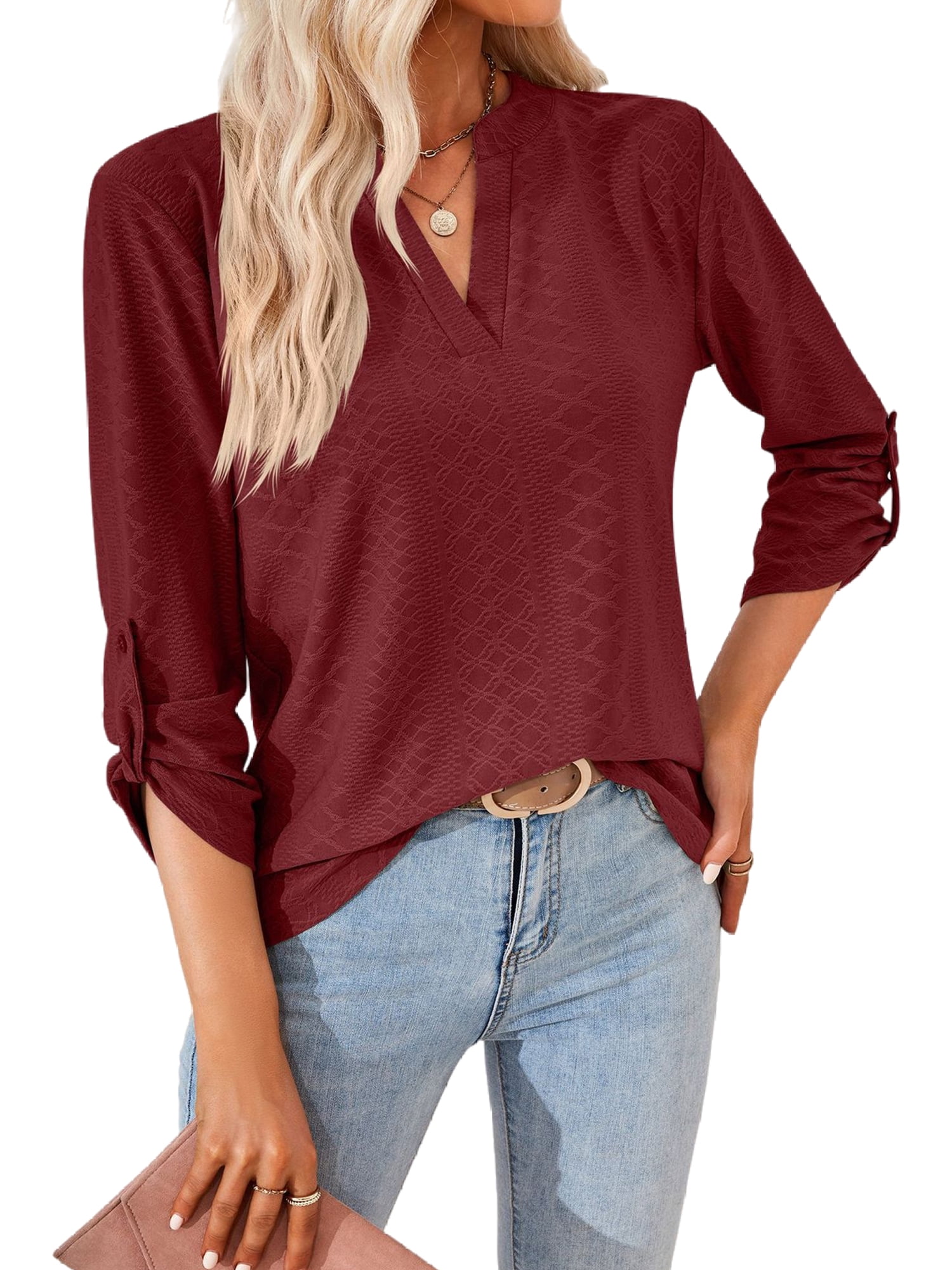 Frontwalk Women Tee Collarless T Shirt 34 Sleeve T Shirt Ladies Elegant Tops Solid Color 8312