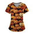 thumbnail image 1 of Camiseta de cuello en V con temática de Halloween para mujer con estampado de calabaza y fantasma, perfecta para celebraciones navideñas, 1 of 3