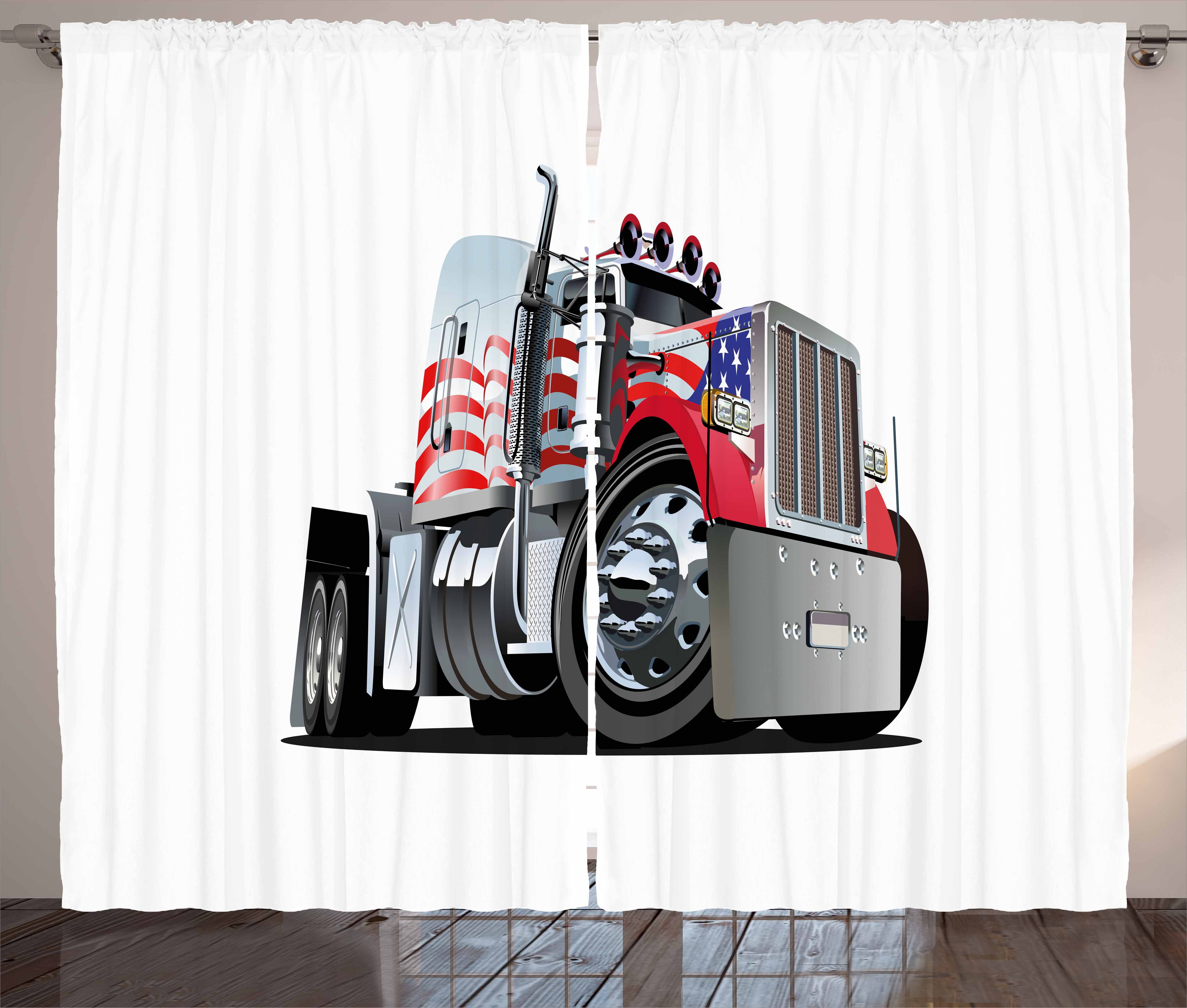 Truck Curtains 2 Panels Set, American Flag Themed Semi 18 Wheeler