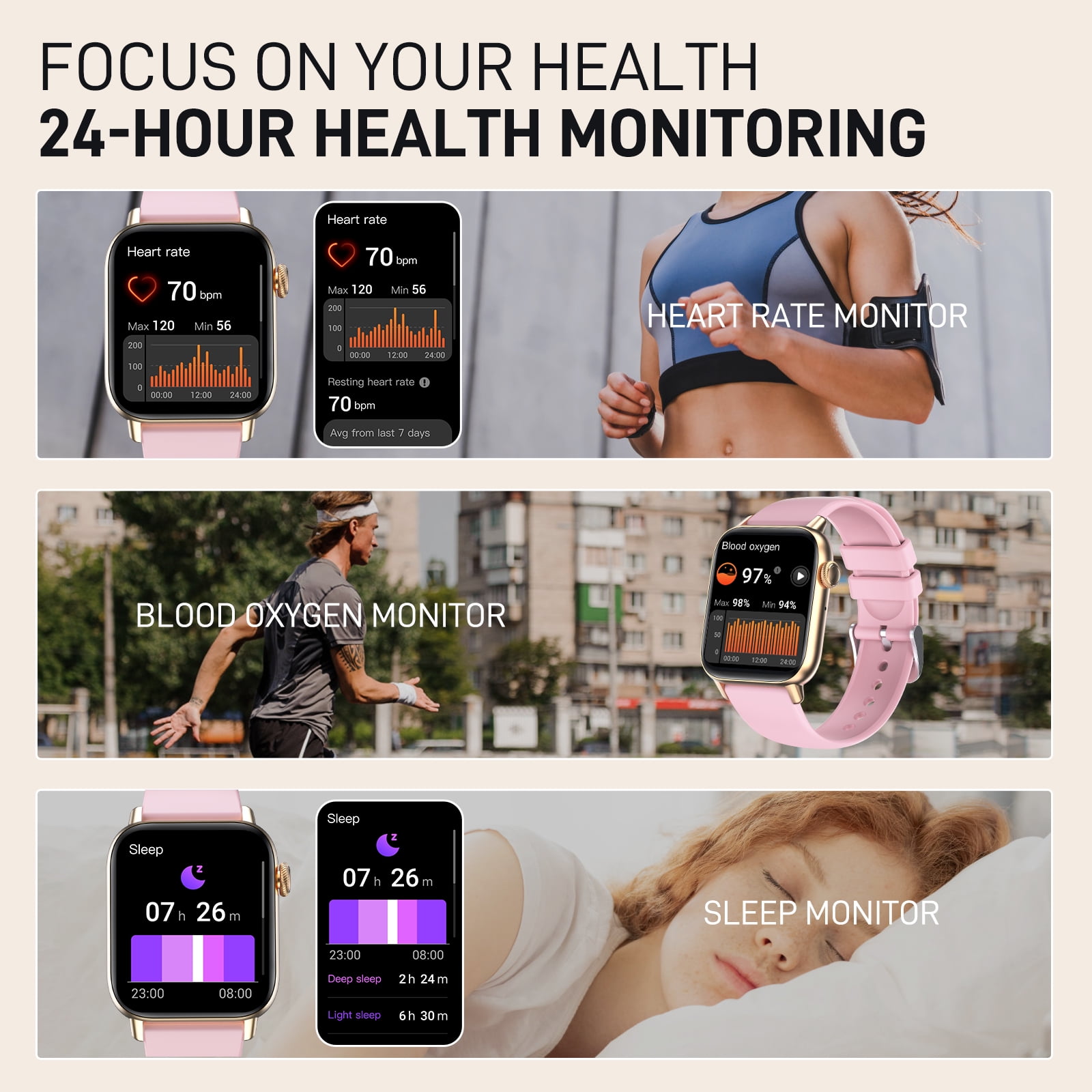 XAXRE Women Men Smart Watch, 1.72 in HD Display, Aluminum Case with Pink Sport Band, New, 1 Count, 1 Pack