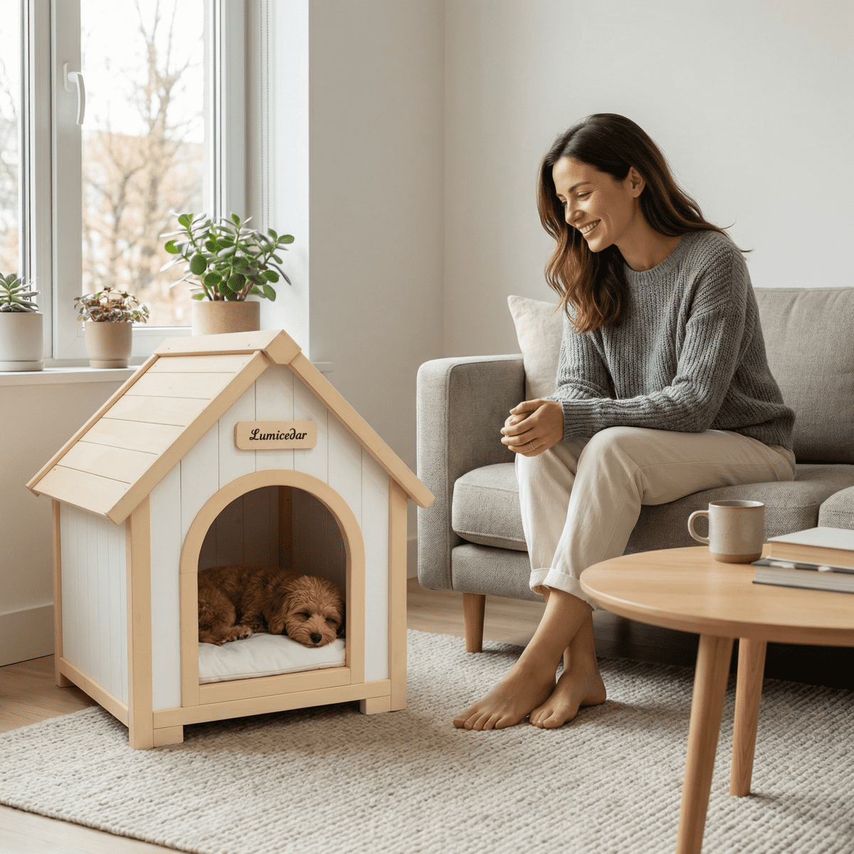 Modern Indoor Wooden Dog House with EVA Cushion – Solid Cedar Pet House for Small Dogs & Cats