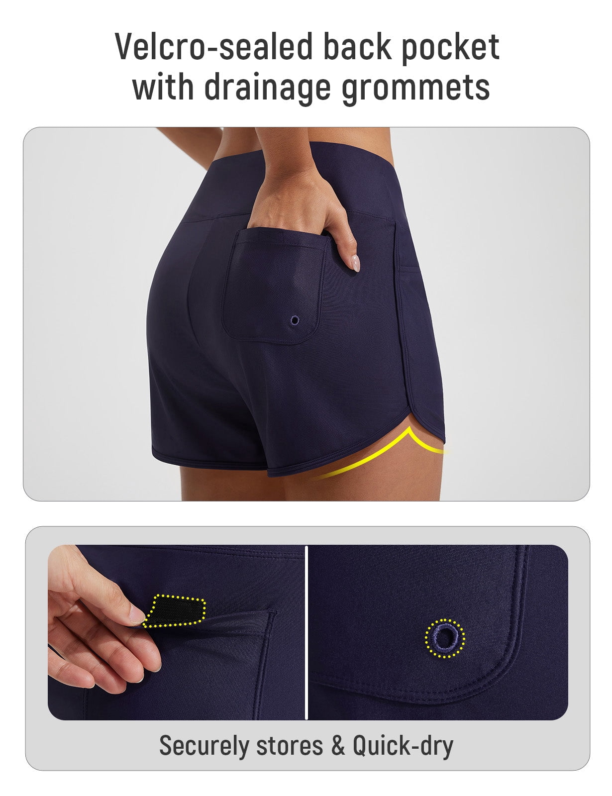 baleaf Women's 3" Swim Shorts High Waisted Board Shorts Quick Dry Bathing Suit Swimsuit Tankini Bottoms with Velcro-sealed Pockets UPF50+ Navy Blue XS