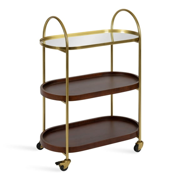 Kate and Laurel Maxfield Midcentury Modern Rolling Bar Cart, 26 x 13 x 36, Walnut and Gold, Decorative Glamorous Wood and Mirrored Kitchen Storage Cart with Wheels