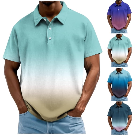 IhhxPro Men's Gradient Collared Shirt with Button Detail Stretchable Short Sleeve Casual Tee for Men Slim Fit Lightweight Cotton Summer Top M-4XL
