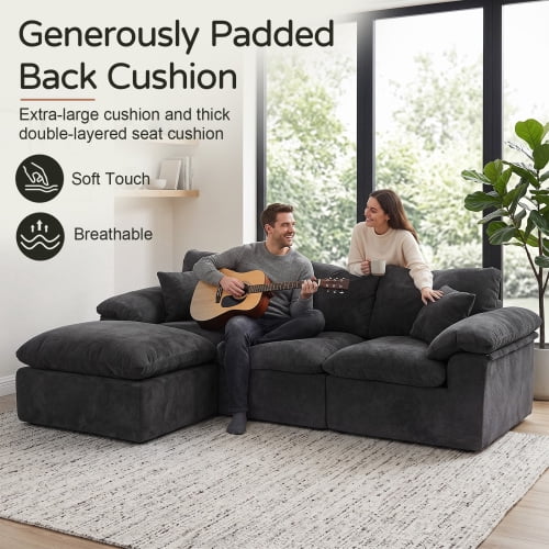 102.3" Modular Sectional Sofa, L-Shape Cloud Couch with Movable Ottoman, Comfy Chenille Deep Seat Sofa with Soft Pillows for Living Room Apartment, Black