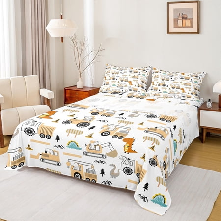 Castle Fairy Dino Excavator 4-Piece Full Size Sheets for Child Cartoon Car Bed Sheets Construction Vehicles Lightweight Sheet Sets Lightweight Room Decor