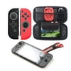 Insten 4in1 Starter Bundle Kit for Nintendo Switch - Carrying Travel Hard Shell Case Built-in Game Cartridge Slot + Tempered Glass Screen Protector + Silicone Joy Con Skin [Left BLACK/Right RED]