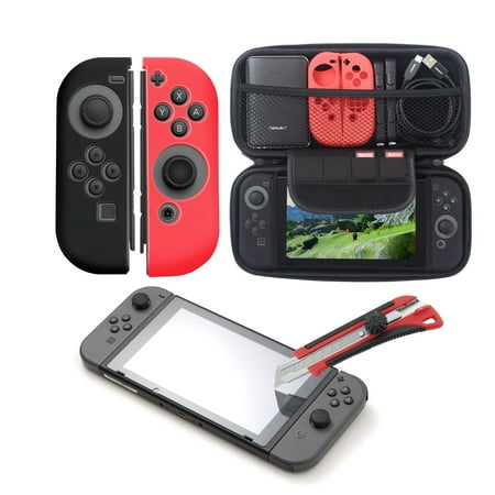 Insten 4in1 Starter Bundle Kit for Nintendo Switch - Carrying Travel Hard Shell Case Built-in Game Cartridge Slot + Tempered Glass Screen Protector + Silicone Joy Con Skin [Left BLACK/Right RED]
