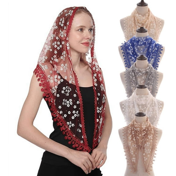 Yoyauz Triangle Lace Mantilla Veil Tulle Scarf Shawl Covering Church Veil for Mass Wedding Bridesmaids