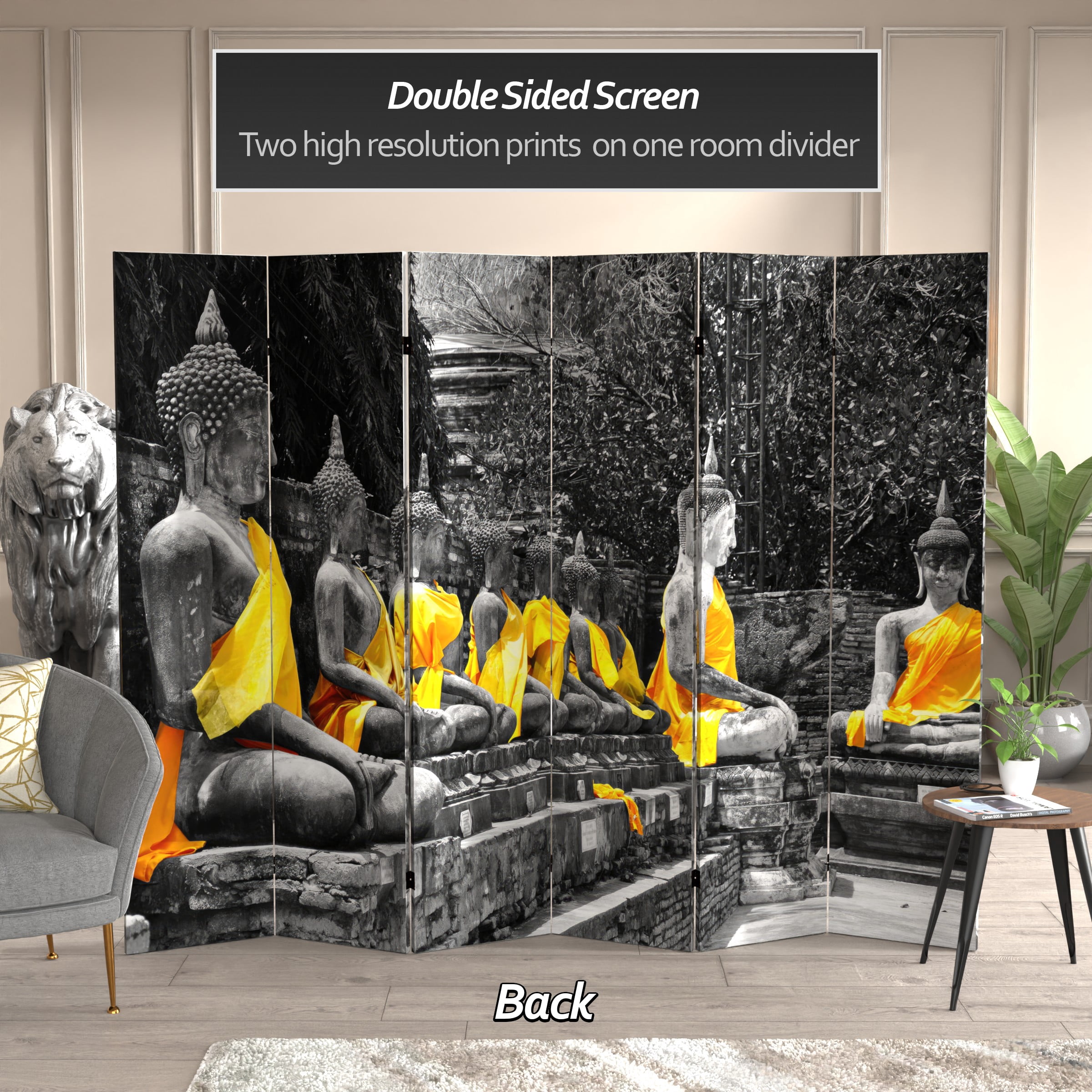6 ft. Tall Golden Buddha Canvas Print Folding Screen Room Divider