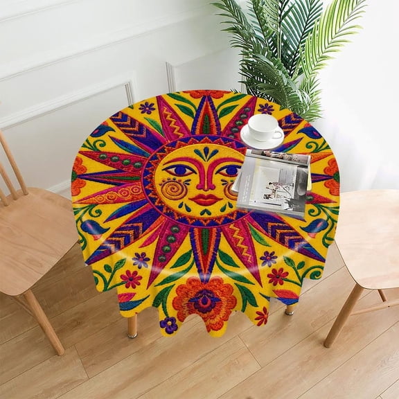 RKSupls 60 Inch Round Tablecloth, Sun Face Flowers Premium Polyester Straight Edge Wrinkle Resistant Washable Table Cover for Party Home Dining Decor