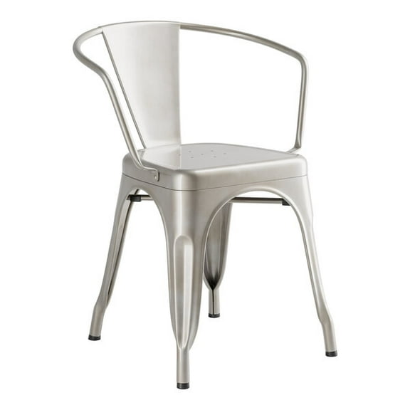 Cafe Style Stackable Silver Metal Restaurant Dining Arm Chair For Indoor or Outdoor Use.