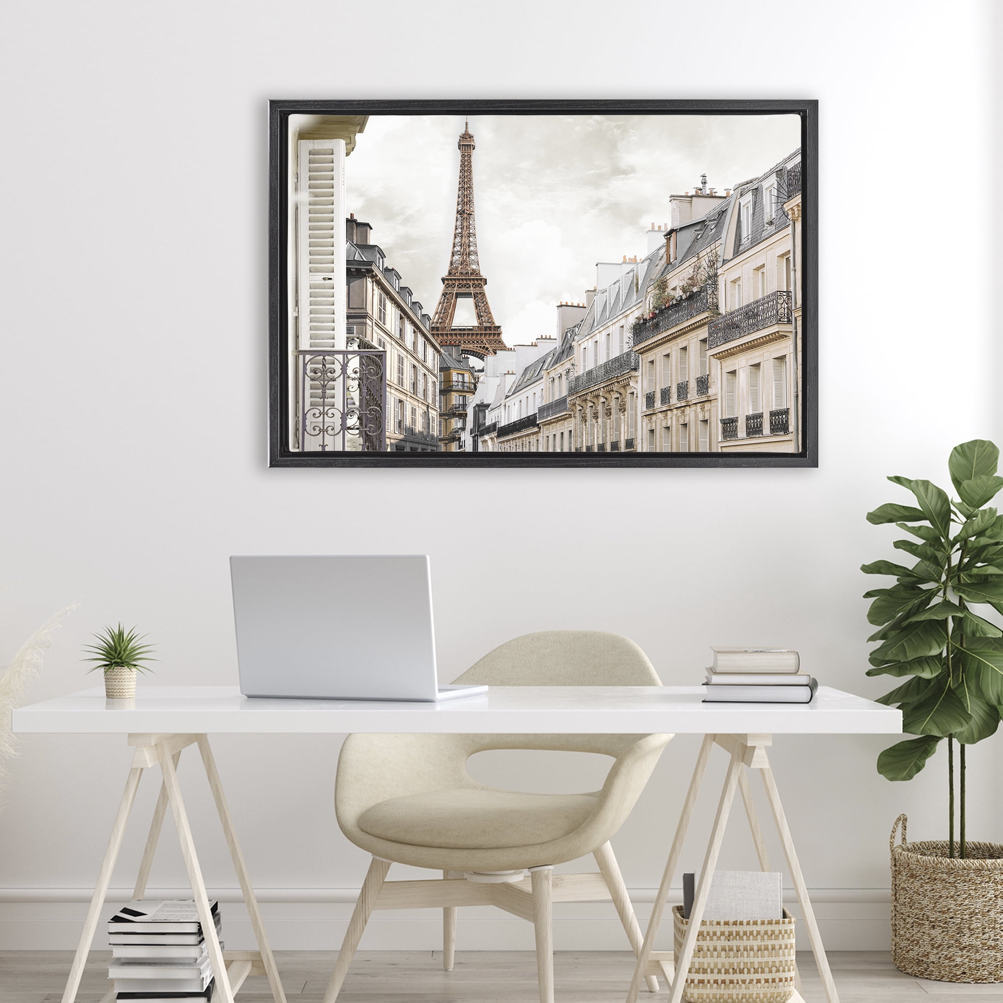 Stupell Industries Eiffel Tower Through Parisian Balconies Black Framed Floater Canvas Wall Art, design by CAD Designs