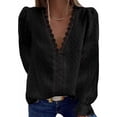 thumbnail image 3 of Sonducket Camiseta de mujer Blusa casual de manga larga con cuello en V de encaje de color sólido Prendas para la parte del cuerpo negro L, 3 of 6