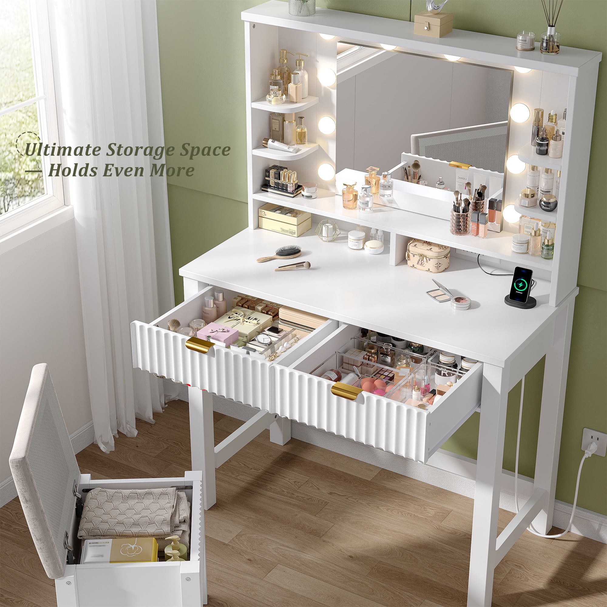 Vanity Desk with Storage Stool Fluted Dressing Table with Mirror and 3-Color Lights Vanity with 2 Large Drawers & Charging Station, White