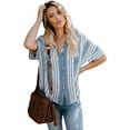 thumbnail image 1 of Women's V Neck Stripes Roll up Sleeve Button Down Shirt, 1 of 6
