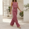 thumbnail image 5 of Linen Look Two Piece Set for Women, Sleeveless Crop Top & Wide Leg Pants with Pockets - Summer Casual Lounge Outfit Pink XL, 5 of 7