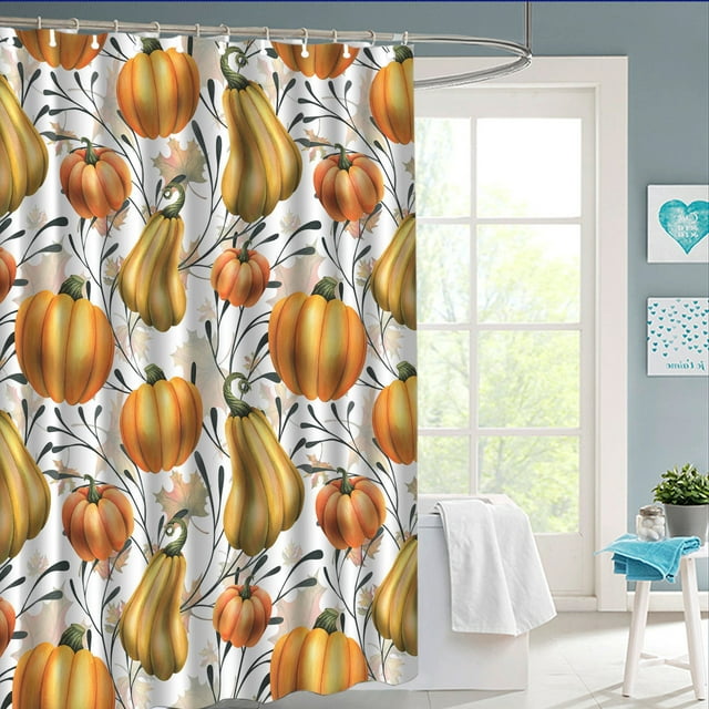 Cortina de Baño de Poliéster Impermeable, Cortina de Ducha Estampada, Cosechas Otoñales, Acción de Gracias, Calabaza, Baño