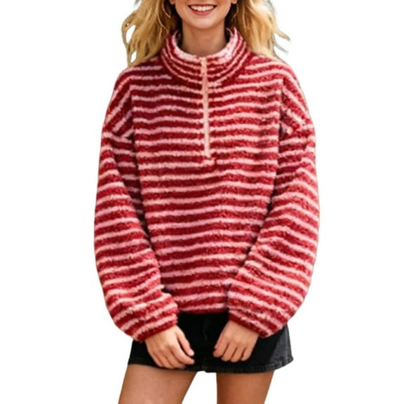 Womens Half Zip Fleece Striped Jacket Oversized Stand-Up Collar Sweatshirt Warm-Fuzzy Outerwear Red L