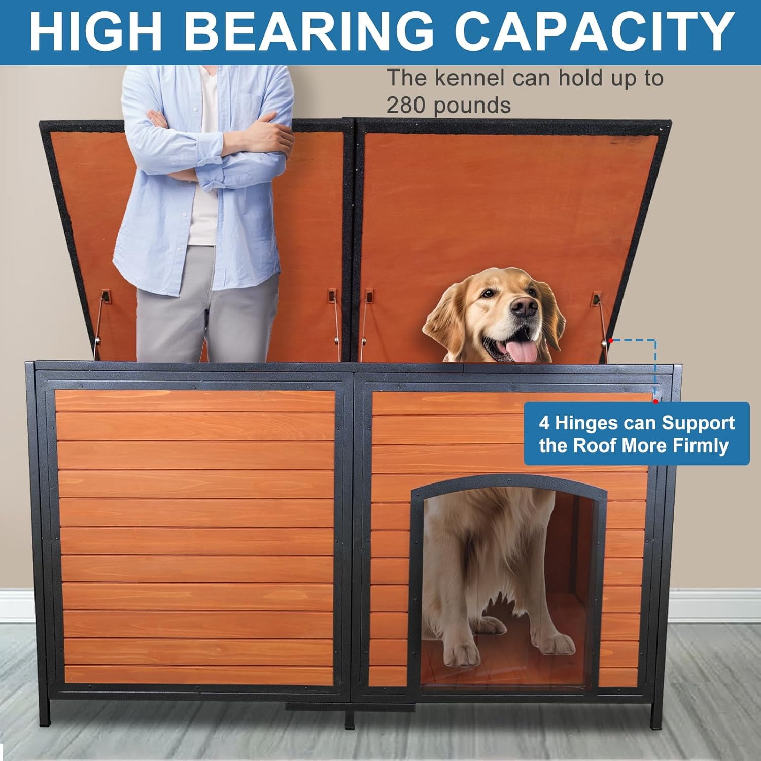 Insulated Extra Large Wooden Dog House Outdoor Iron Frame 59.1" L Winter Pet Kennel Weatherproof