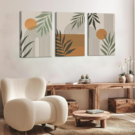 Boho Sage Canvas Wall Art Green Plant Geometric Line Sun Painting Pictures Wall Decor Beige Minimalist Posters Prints Artwork for Bathroom Living Room Bedroom Home Decoration Unframed