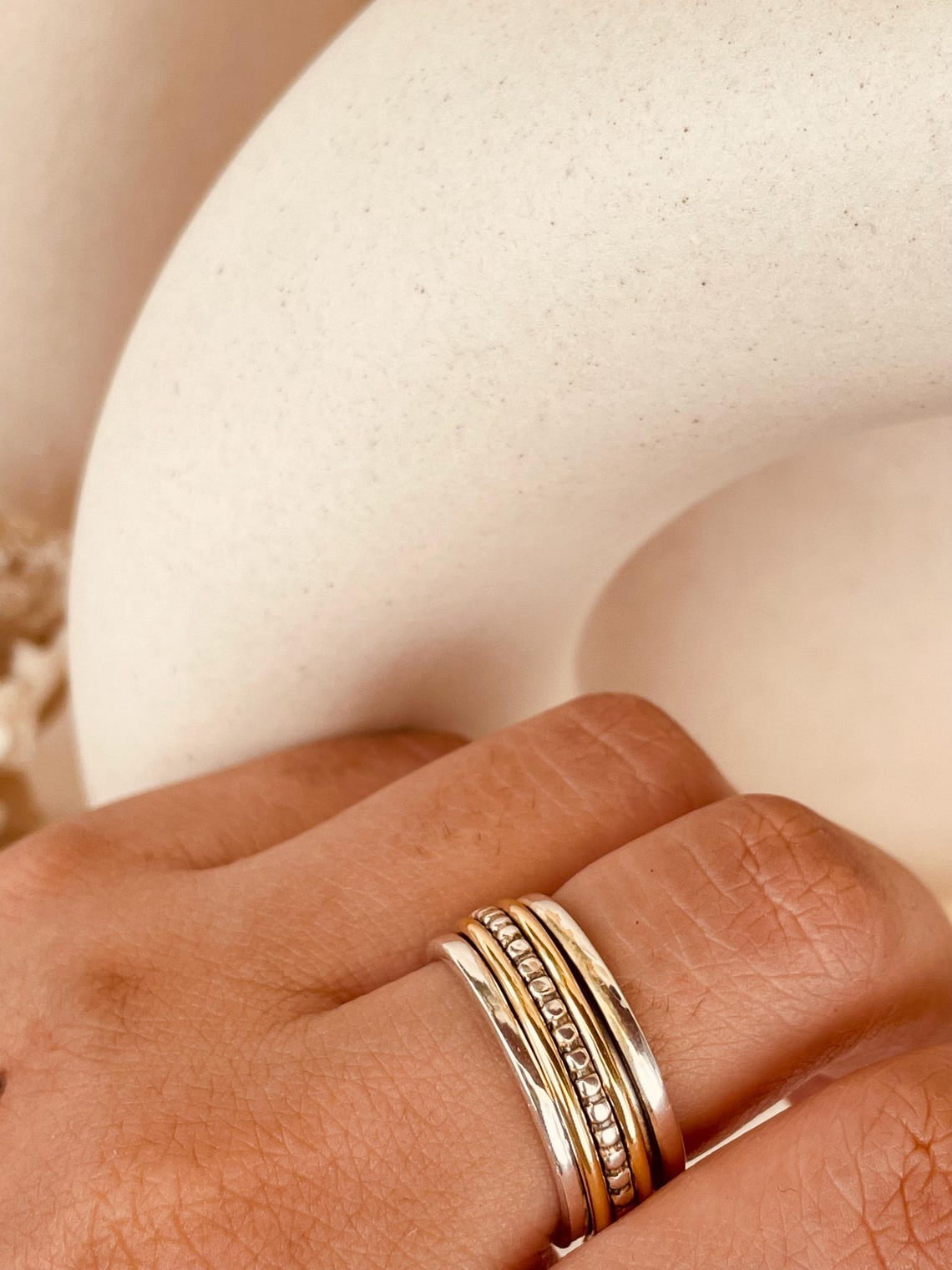SS DESIGNS- Two-Tone Thumb Fidget Spinner Ring for Women – Handmade Anxiety Relief Meditation Ring, 925 & Gold-Plated Stress Reliever Ring,