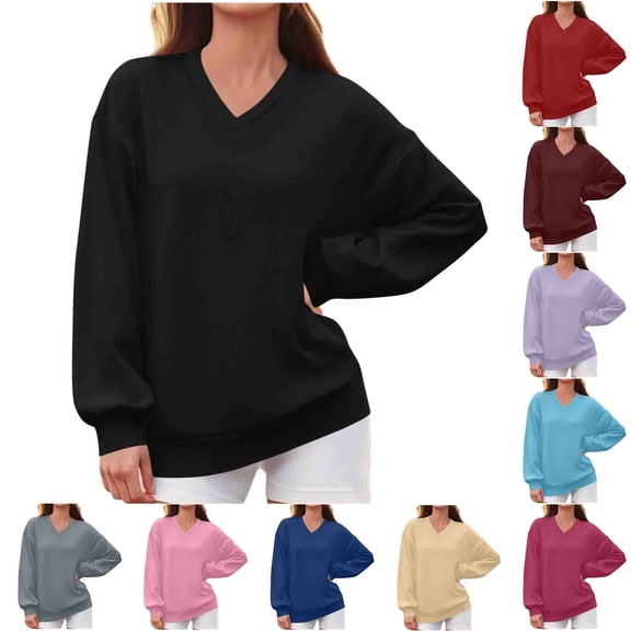 Jovrlynd Black Sweatshirts for Women 2026 V Neck Solid Oversized Long Sleeve Sweatshirt Winter Soft Fleece Pullover Top L