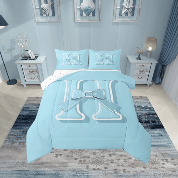 Erosebridal Monogrammed H Bedding Sets Twin with Comforter, Initial Letter Duvet Insert, Blue Bow Reversible Down Comforter, Super Cozy Bedroom Decor, 2-Piece