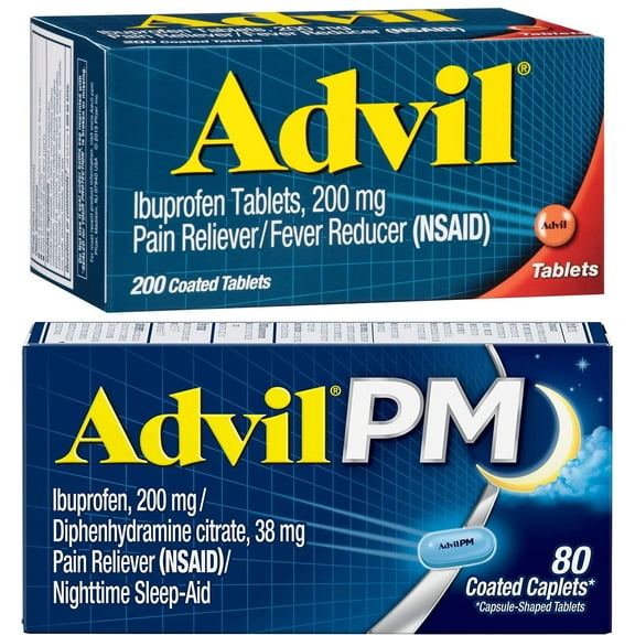 Advil Pain Relievers and Fever Reducer Coated Tablets, 200 Mg Ibuprofen, 200 Count   Advil PM Ibuprofen Sleep Aid Pain and Headache Reliever, 200 mg Coated Caplets, 80 Count