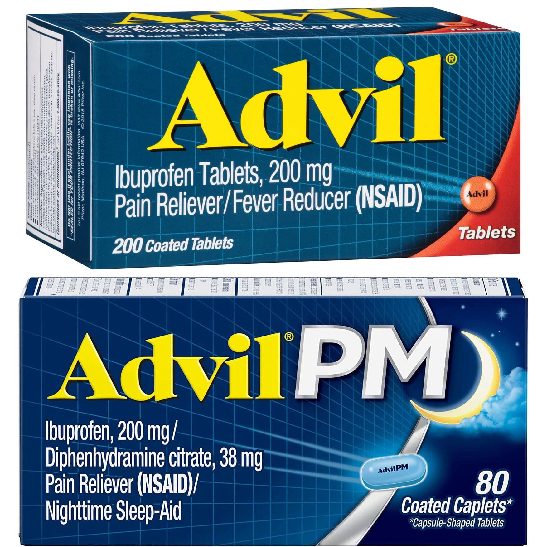 Advil Pain Relievers and Fever Reducer Coated Tablets, 200 Mg Ibuprofen, 200 Count + Advil PM Ibuprofen Sleep Aid Pain and Headache Reliever, 200 mg Coated Caplets, 80 Count