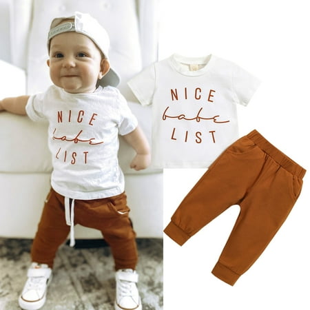 

Qtinghua Toddler Infant Baby Boy Clothes Funny Letter Print Short Sleeve T-Shirt Tops Jogger Pants Casual Outfits White 0-6 Months