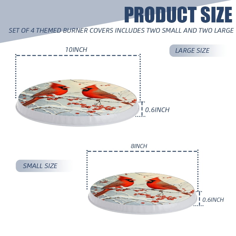 Christmas Burner Covers for Electric Stove, Red Cardinals Xmas Winter Birds Round Metal Stove Burner Covers Expands Counter Space Set of 4, 8 Inches and 10 Inches