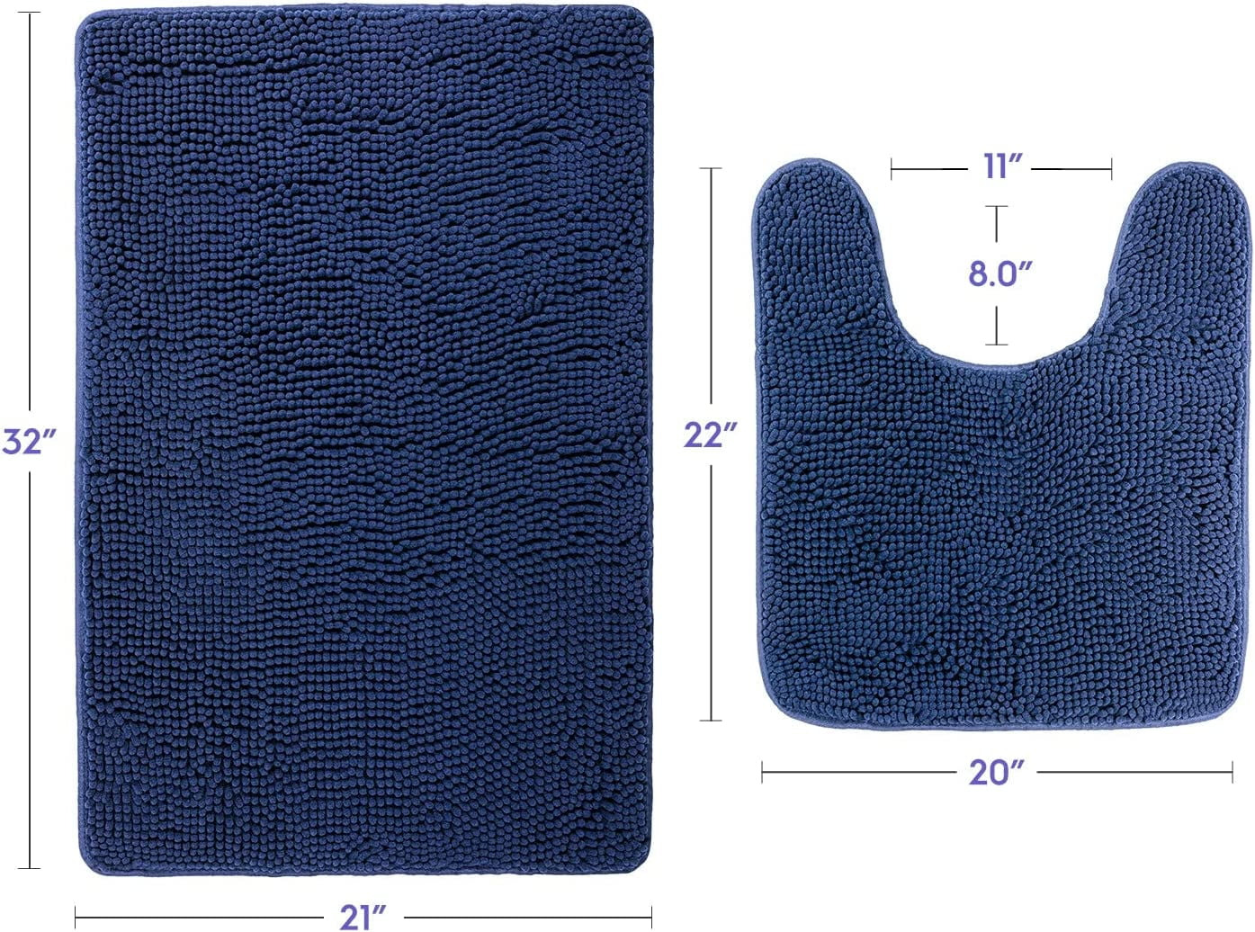 Bathroom Rugs, Extra-Thick Memory Foam Bath Mat, Ultra-Soft Chenille Microfiber, Highly Absorbent, Machine Washable, Shaggy Bath Mats for Bathroom, Circular Cutout (21x32 + 20x22, 2pcs) Navy