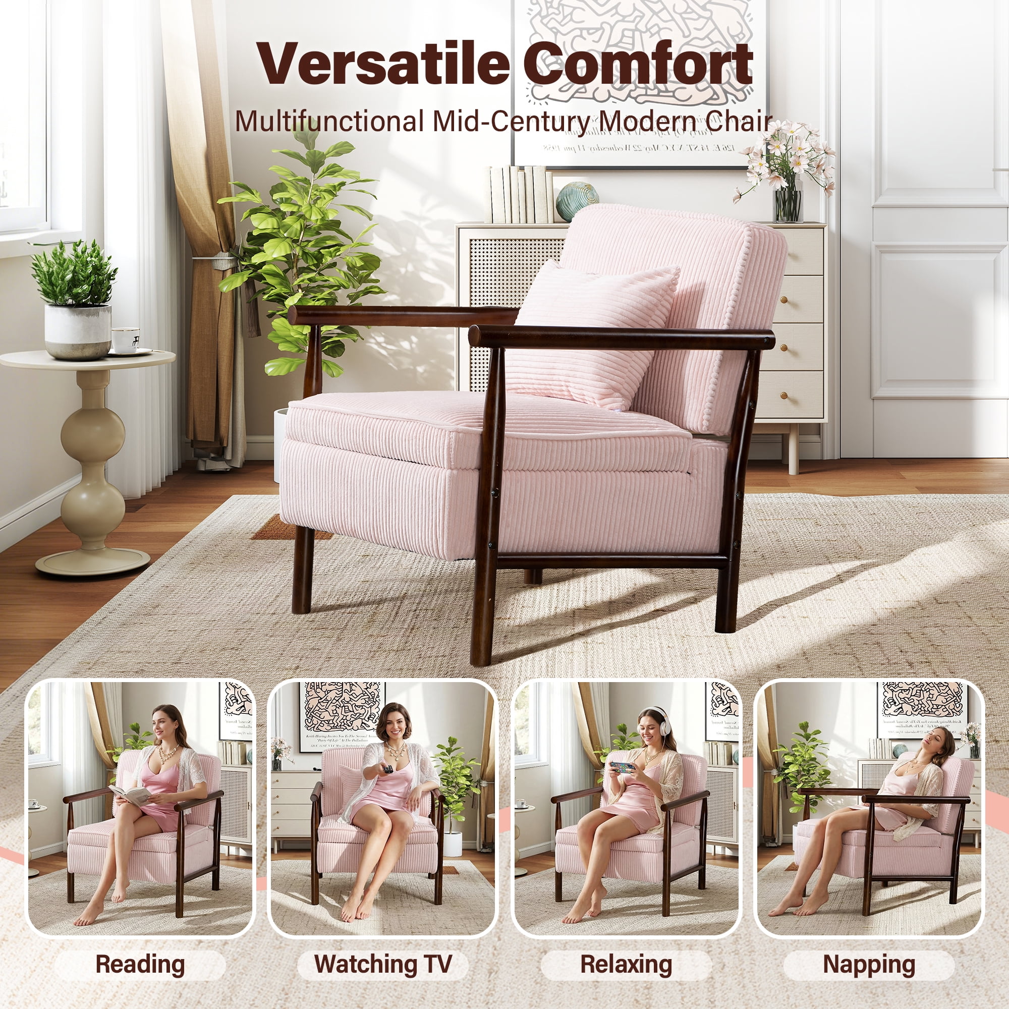 Aukfa Upholstered Accent Chair with Storage Seat & Waist Cushion, High-Density Lounge Armchair for Living Room Bedroom,Pink