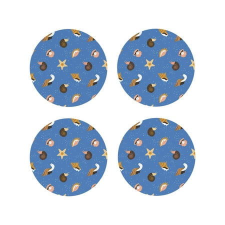 

Coasters Set of 4 - Conch Shell Blue Drink Coasters for Tabletop Protection Leather Coasters for Living Room Decor and Housewarming Gift Round Shape