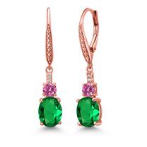 Gem Stone King 18K Rose Gold Plated Silver Green Nano Emerald and Pink Moissanite Dangle Earrings for Women with Lab Grown Diamond (3.49 Cttw, Oval 9X7MM)