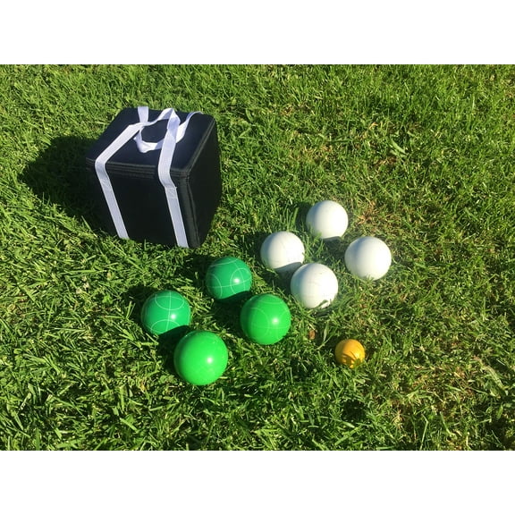 New Listing - (5 of 28) Unique Bocce Sets - 107mm with Green and White Balls, Black Bag