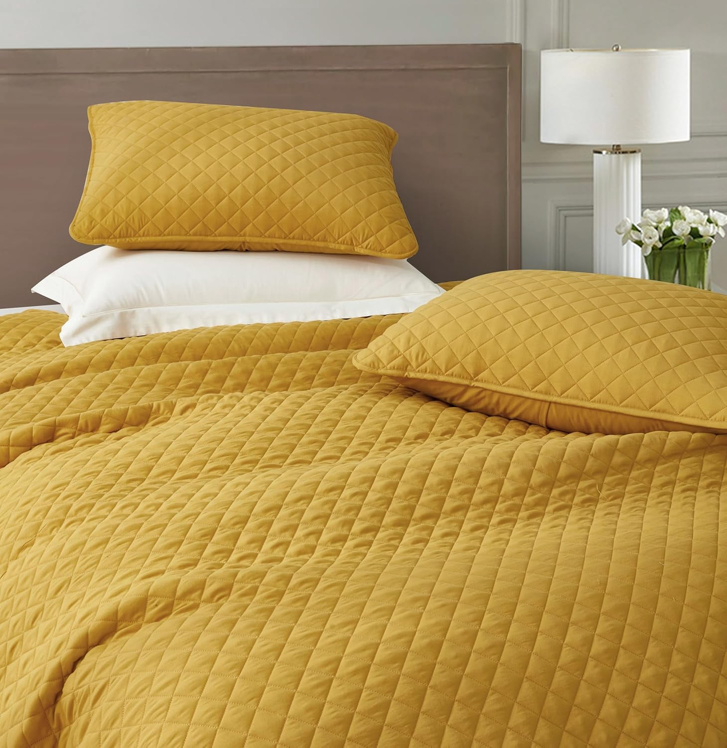 Chezmoi Collection Teo 3-Piece Mustard Yellow Queen Size Quilt Set - Diamond Stitched Lightweight Microfiber Bedspread Set Bedspread Set for All Seasons
