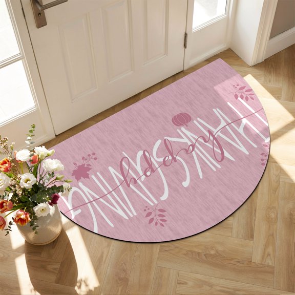 Thanksgiving Diatomaceous Earth Bath Mat, Happy Thanksgiving Script Pink Backdrop Pumpkin Leaf Half Round Non-Slip Quick Dry Door Mat Super Absorbent Bath Rug for Bathroom Kitchen Laundry 16x24in