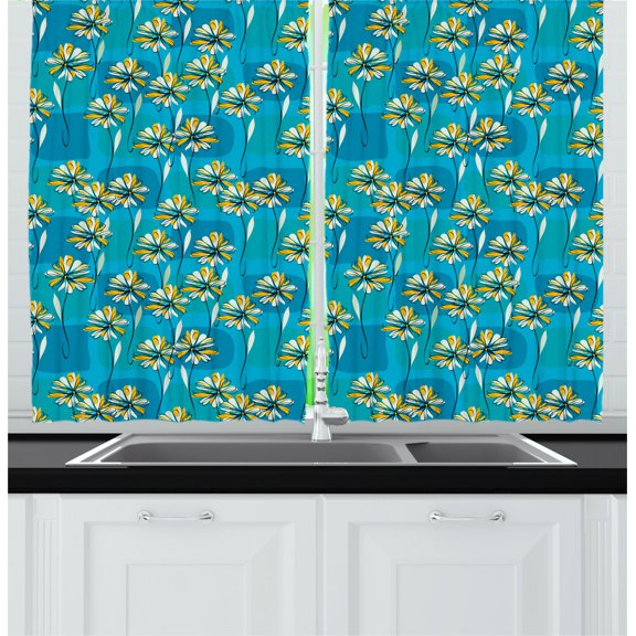 Ambesonne Floral Kitchen Curtains, Sketchy Garden Flowers, 55"x39", Blue Yellow and White