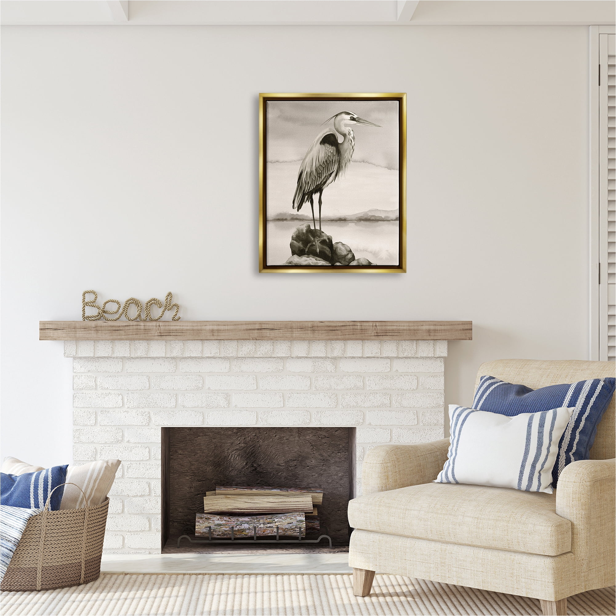 Stupell Industries Heron Perched at Sea Animals & Insects Painting Gold Floater Framed Canvas Art Print Wall Art, 25 x 31