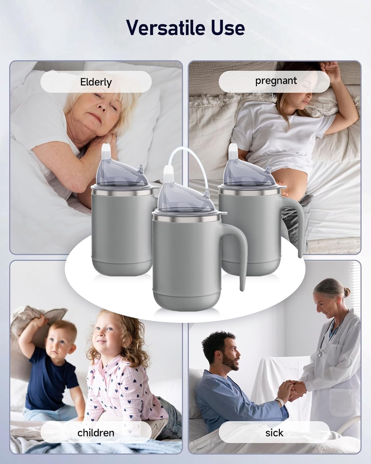 ABCISI Multifunctional Adult Sippy Cup for Elderly Spill Proof - Easy to Grasp Handles, Precise Liquid Control- 15oz Stainless Steel Sippy Cup with Straw, No Spill Cups for Elderly, Seniors (Grey)