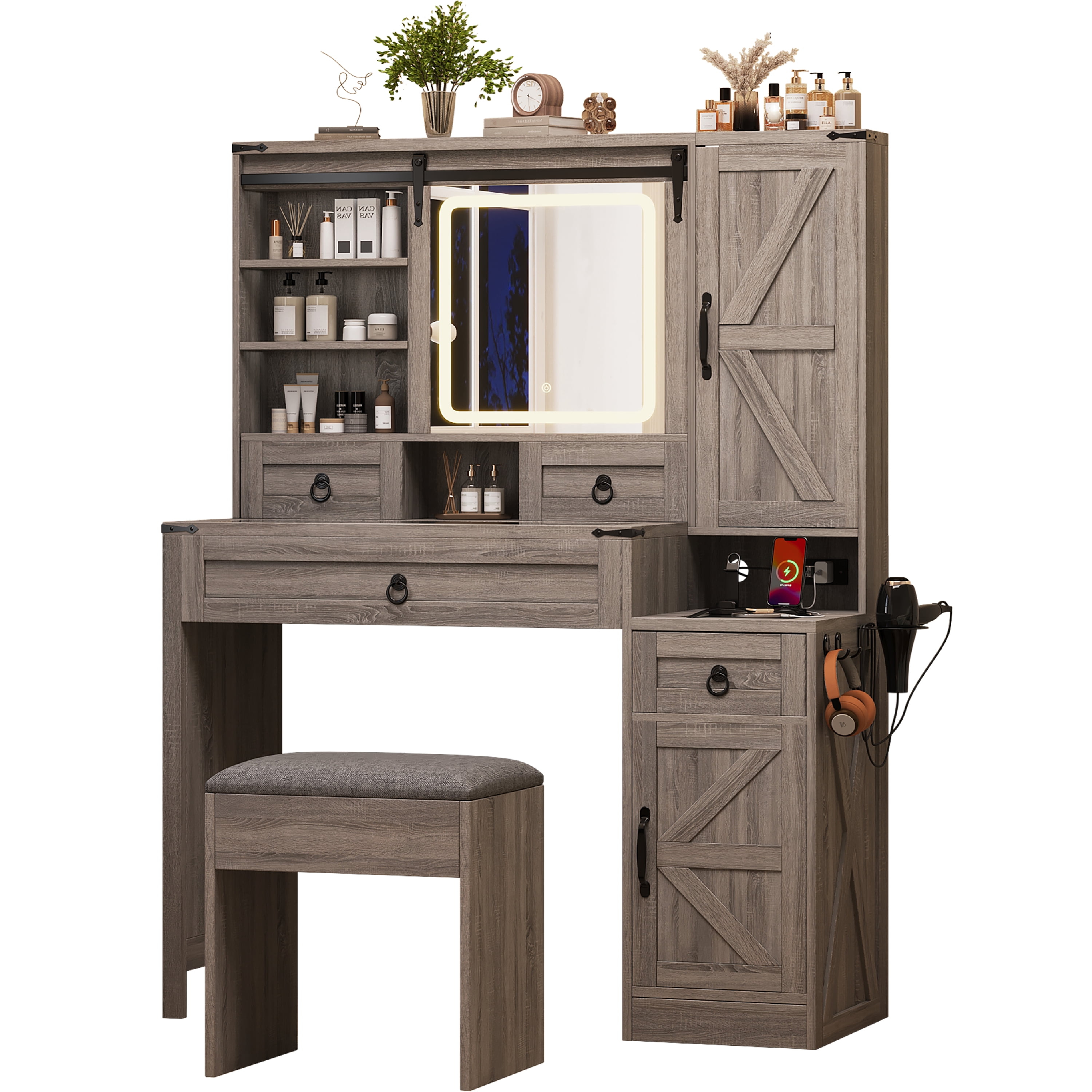 Euroco Farmhouse Vanity Desk with Sliding Mirror and Lights, Vanity Set with Glass Top and Charging Station ,Dressing Table with 4 Drawers and 2 Cabinets, Dressing Table with Stool