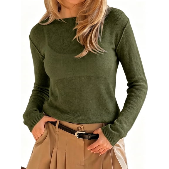 Long Sleeve Women's Casual Tulle Top Blouse Lightweight Knit Pullover Sweater