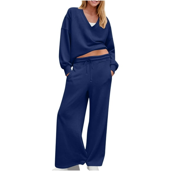 HAiming Womens 2 Piece Outfits Casual V Neck Pullover Shirts Wide Leg Pants Loose Solid Color Workout Tracksuit Sets